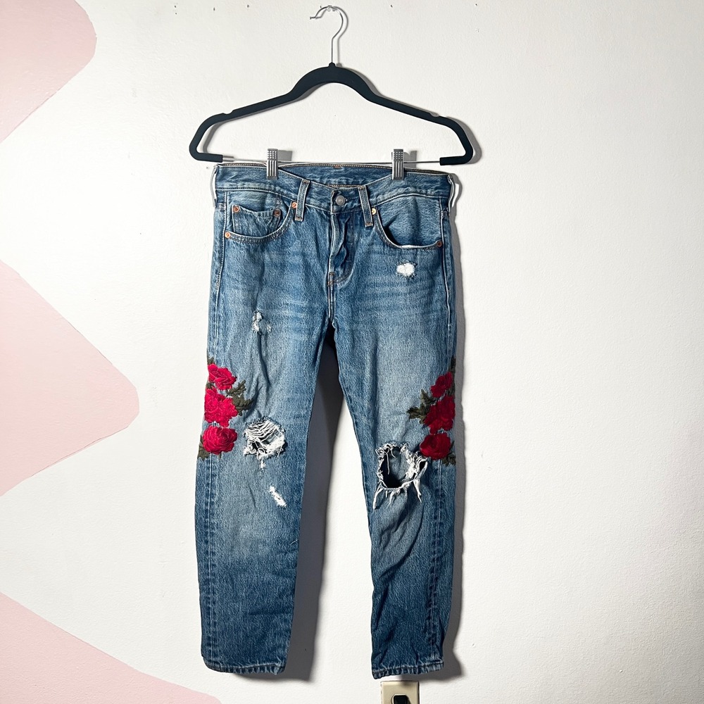 Levi's 501 Jeans Womens W26 L26 Blue Taper Rose Floral Embroidered Denim